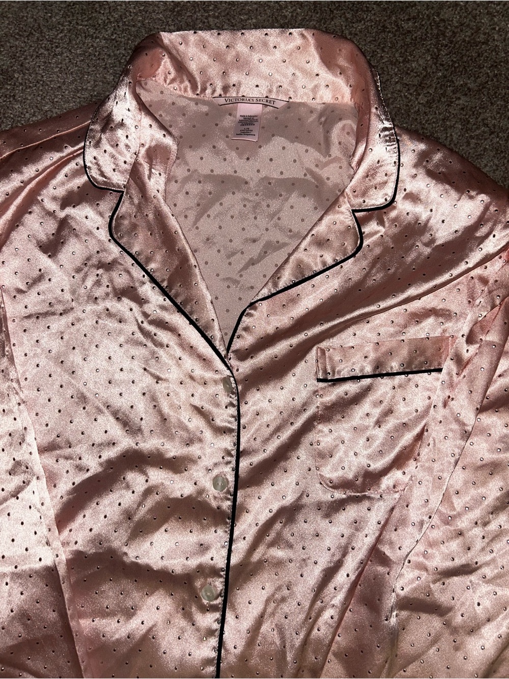 Victoria's Secret Pink Satin rhinestone Polka Dot Pajama Shirt with Black Trim
